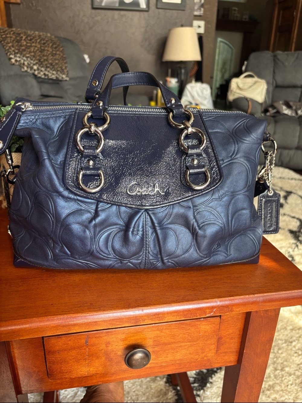 Coach Madison Embossed Op Art Leather Satchel Blue F19449 EUC